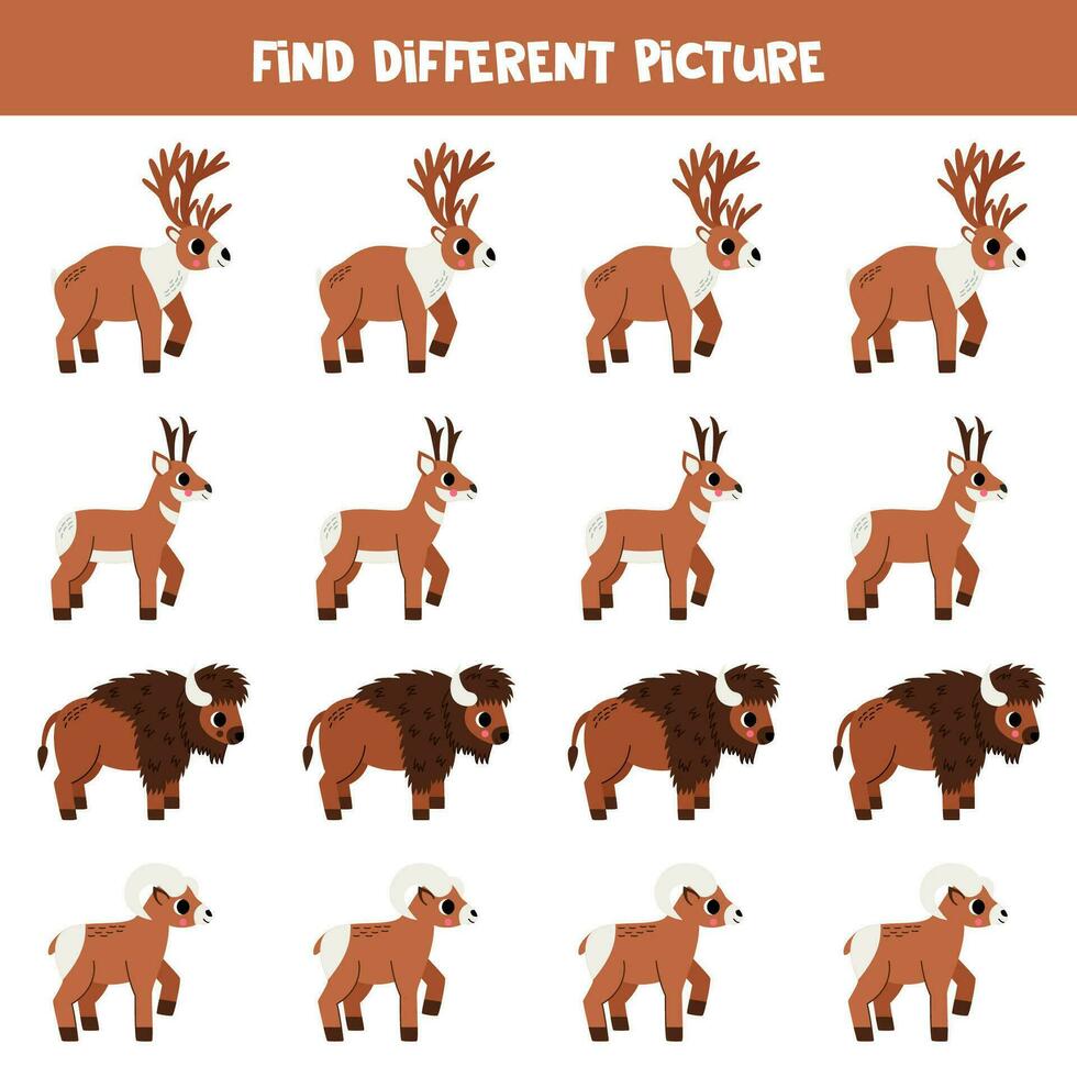 Find different animal in each row. Logical game for preschool kids. vector