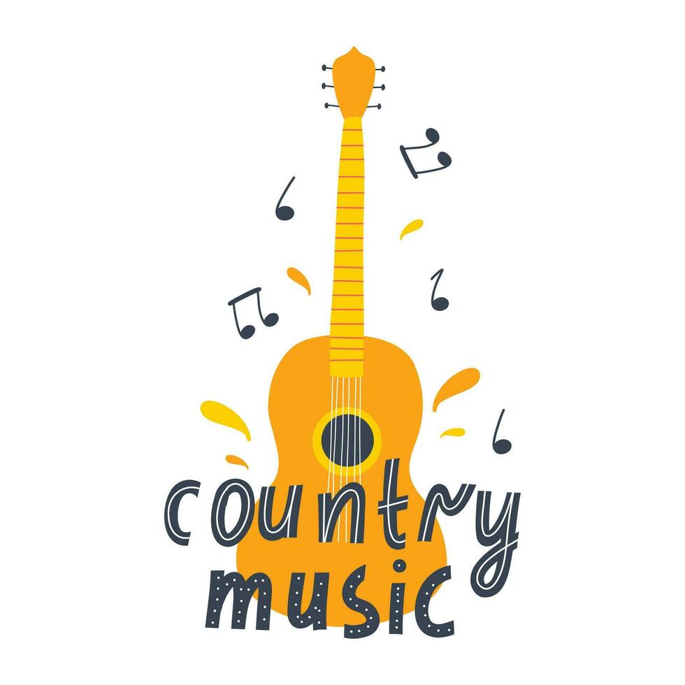 Country music concept. Lettering country music in hand drawn style with guitar.Vector illustration. vector