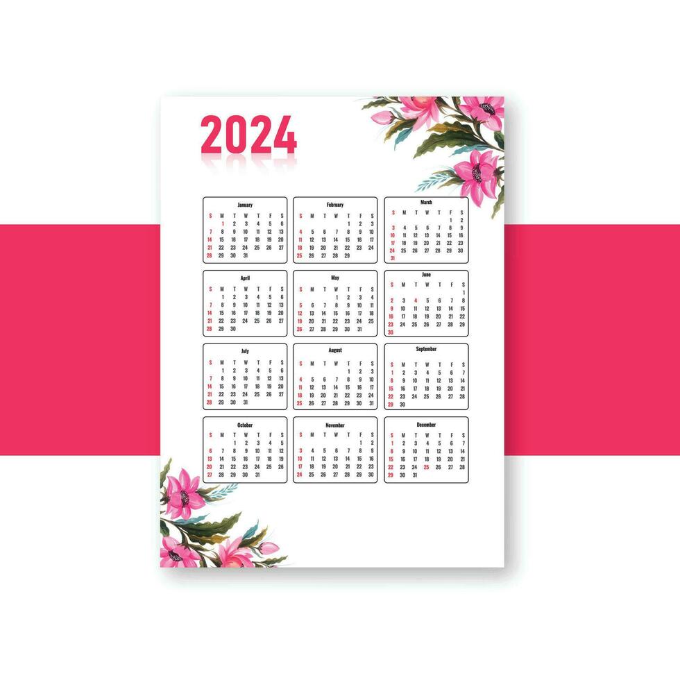 Beautiful flower 2024 calendar template background vector