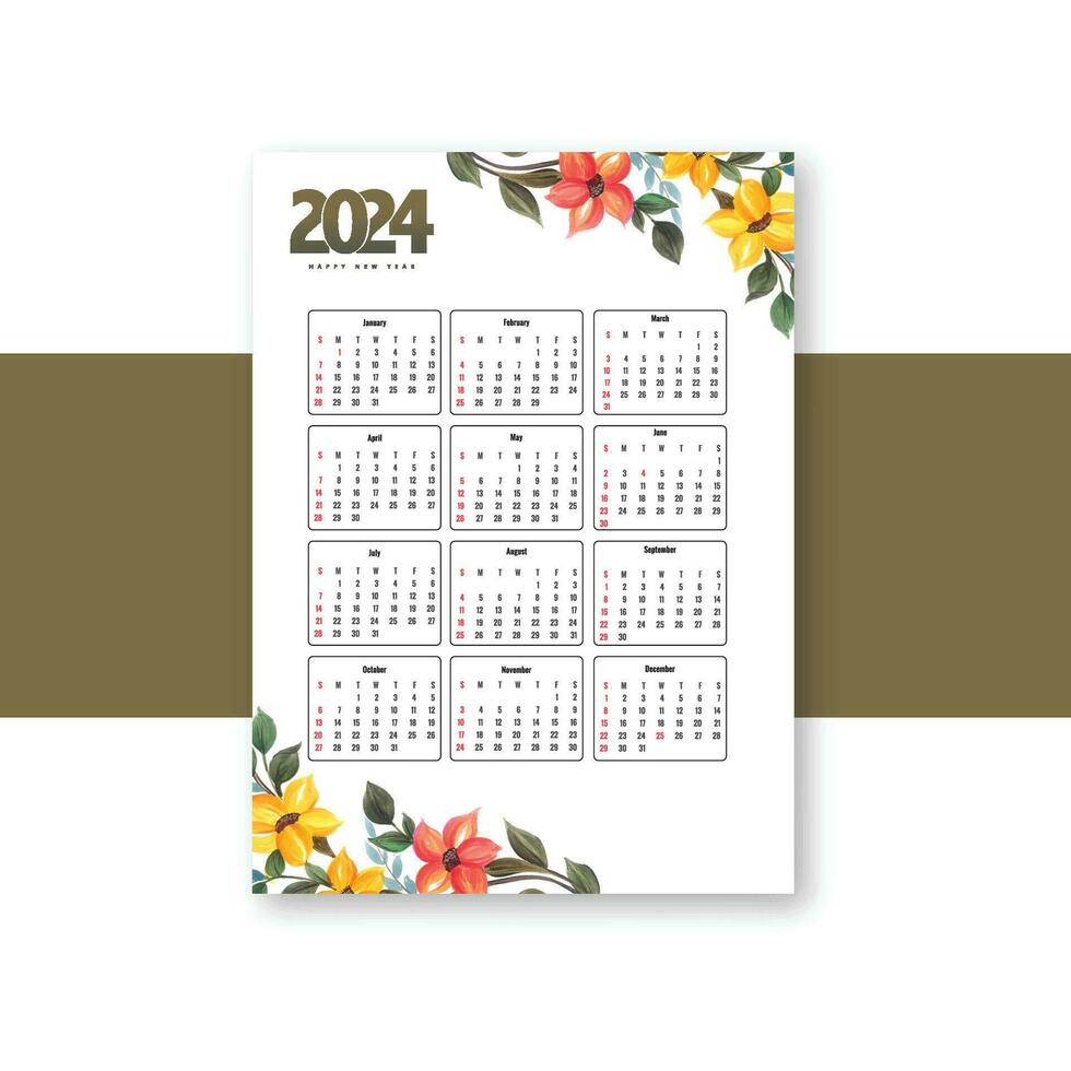 Happy new year 2024 calendar template design vector