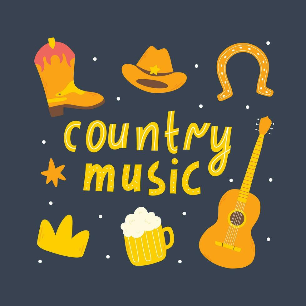 Country music concept.Set of country music elements in hand drawn style. Cowboy music vector illustration.