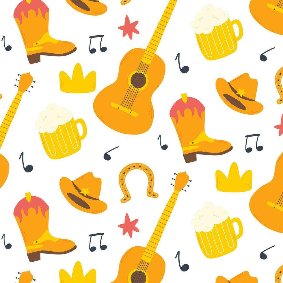 Country music seamless pattern. Wild west vector illustration. Pattern with guitar and hat.