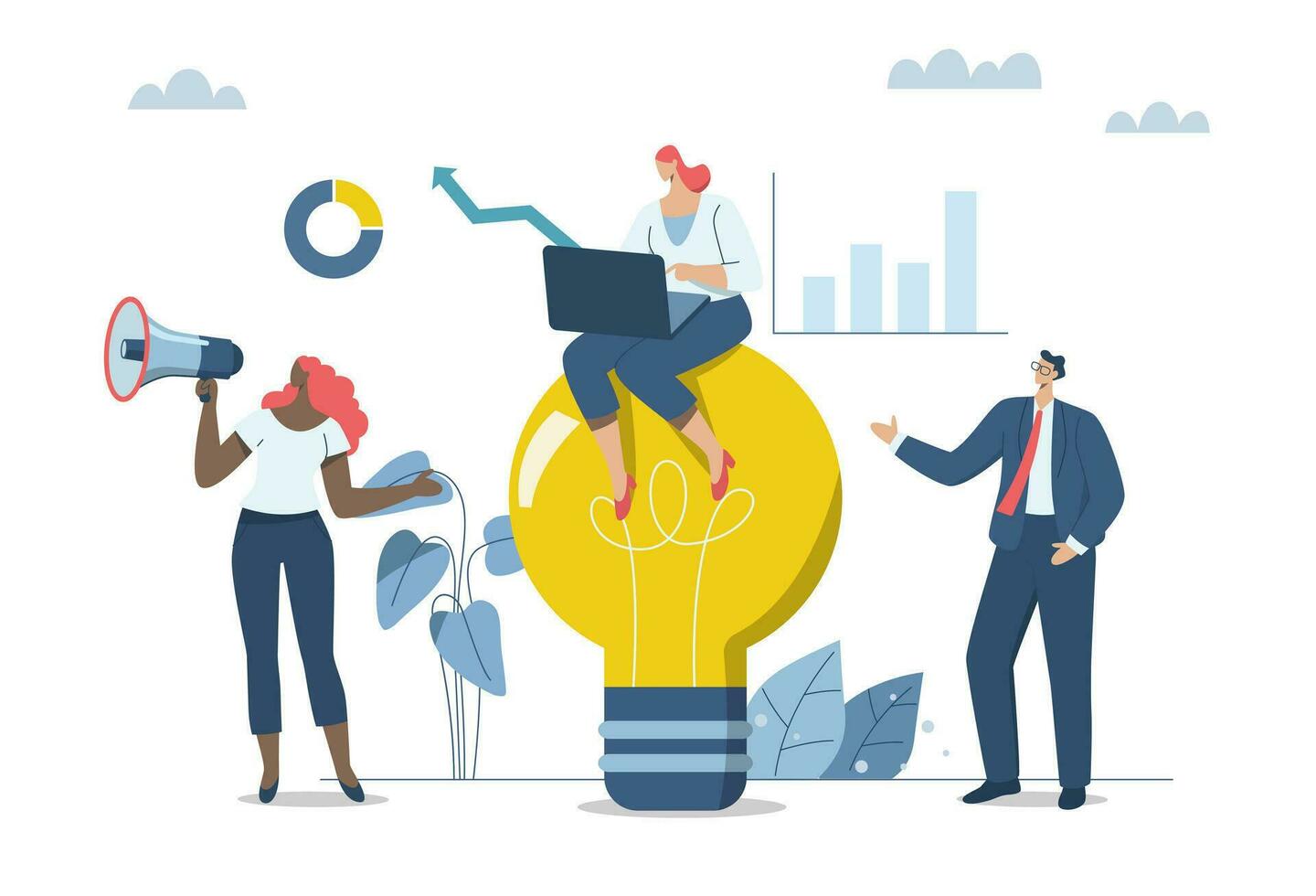 Creativity and inspiration lead to successful teamwork, Ideas about innovation and how to create opportunities for companies to grow and prosper, Team of businessmen working with big idea light bulb. vector