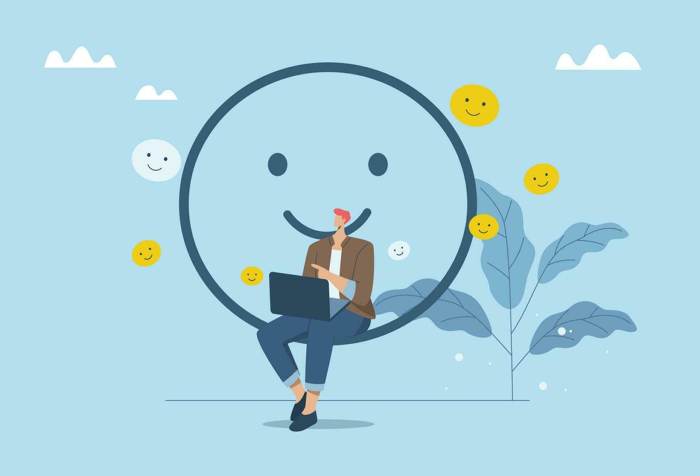 Optimism attitude or positive thinking, Emotional intelligence inspires and brings happiness in work and life, Businessman sits with a smiling face in a good atmosphere. Vector design illustration.