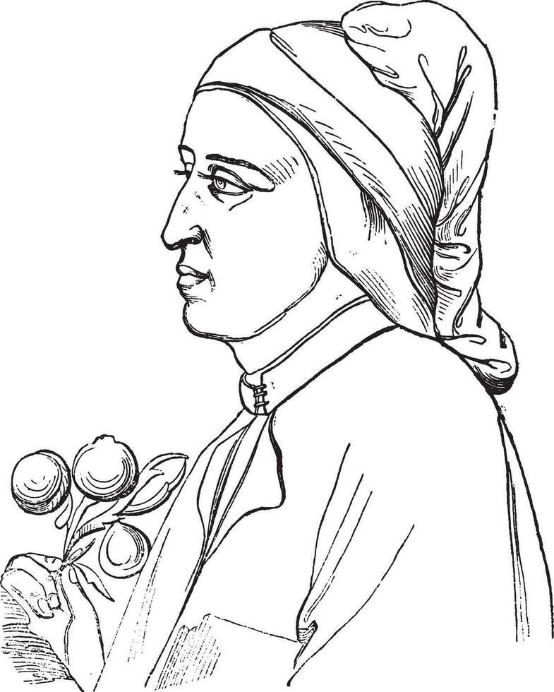 Portrait of Dante Alighieri, painted in Florence, at the end of the thirteenth century by the Giotto, vintage engraving. vector