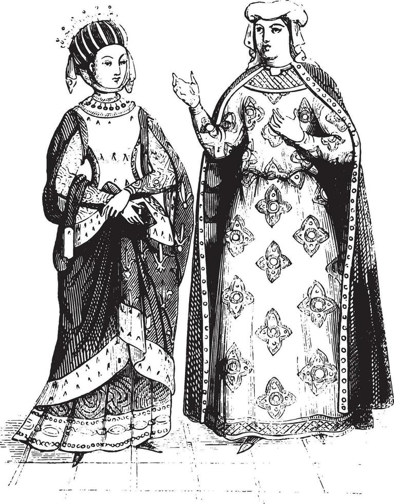 Thirteenth century, Blanche of Castile and Margaret of Provence, vintage engraving. vector