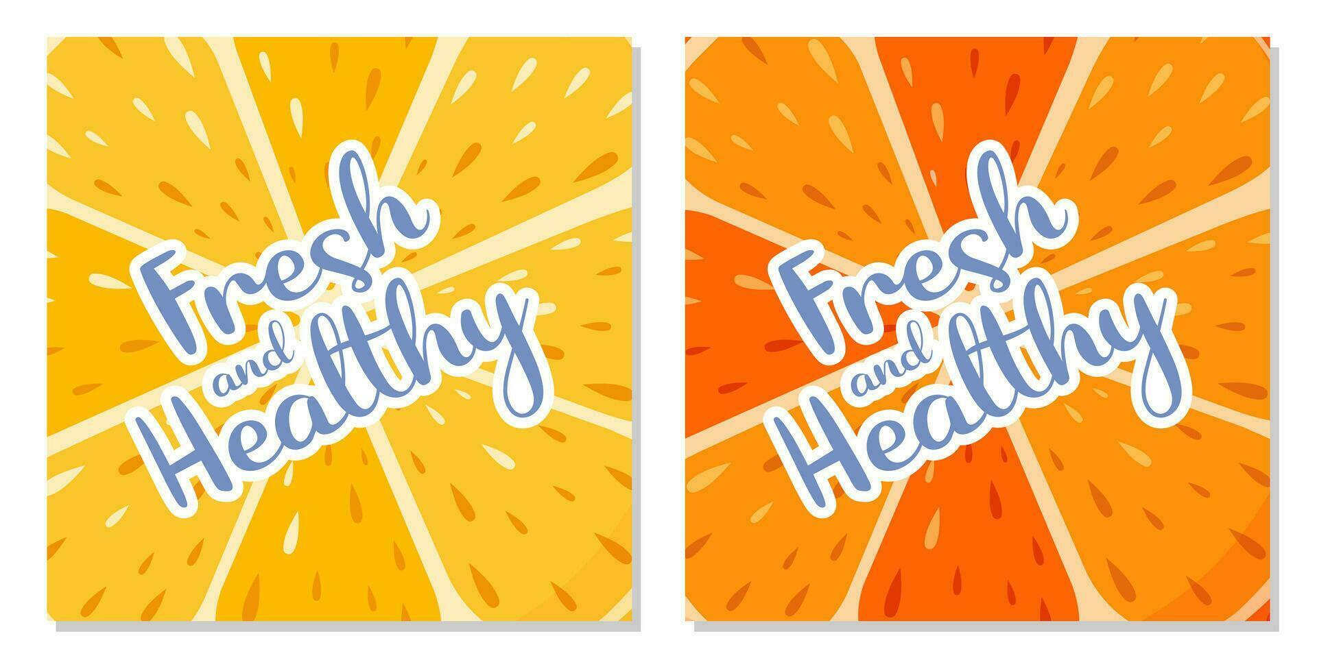 Set of fruit cards with text fresh and healthy. Lemon and orange background. Summer vector square illustration for banner, poster, flyer, social media