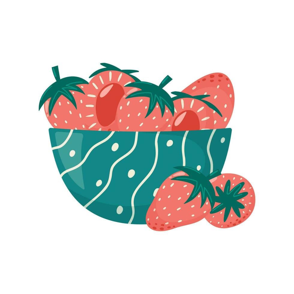 Deep bowl with strawberries. Summer harvest, tasty and healthy berry. Vector illustration in cartoon flat style.