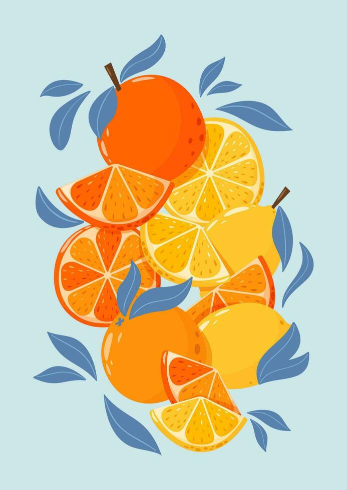Abstract vector composition with tropical fruits, Whole and sliced oranges and lemons. Summer vitamin vector background for banner,  poster, flyer, card. Cartoon flat style