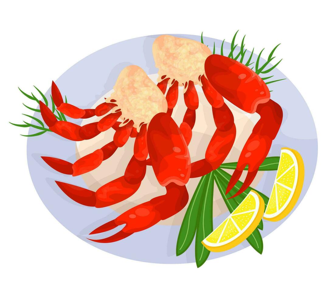 Cooked lobster on the dish isolated. Prepared crab in the restaurant menu. Delicacy, healthy seafood. Flat vector illustration.