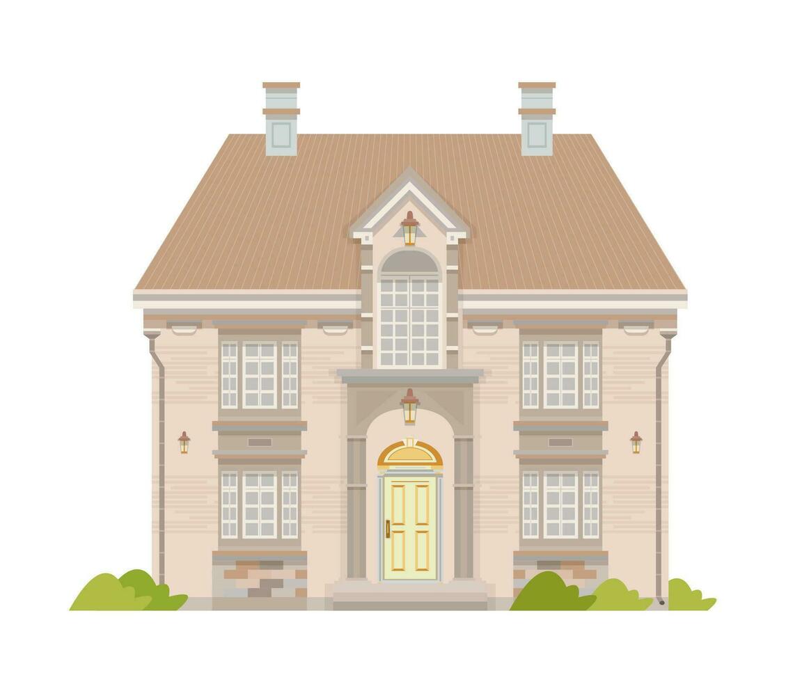 Brick house isolated. Stone mansion with big windows. Flat vector illustration.