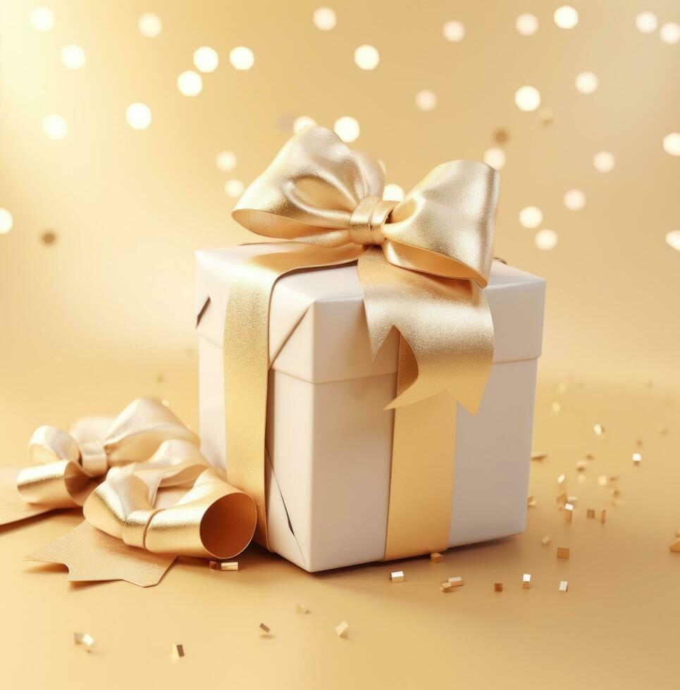 AI generated Christmas present with gold ribbon and decorations photo
