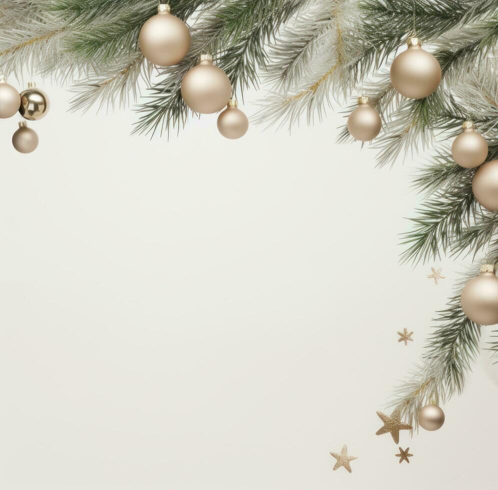 AI generated christmas ornaments on frame with pine branches on beige wall, png pictures photo