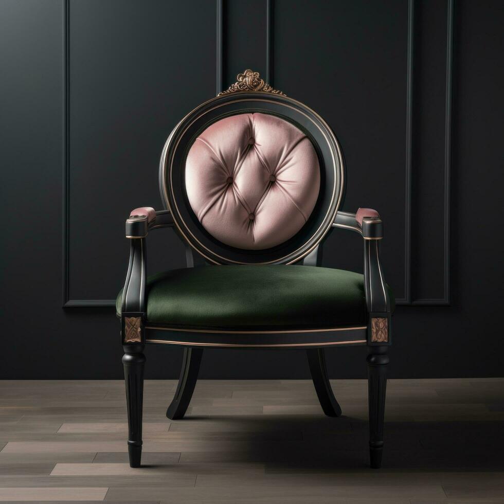 AI generated black velvet and wood chair, photo