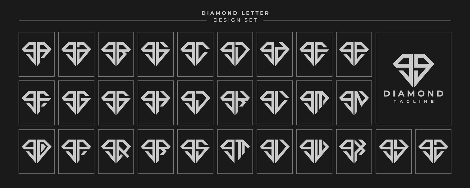 Set of diamond crystal lowercase letter G GG logo, number 9 99 design vector