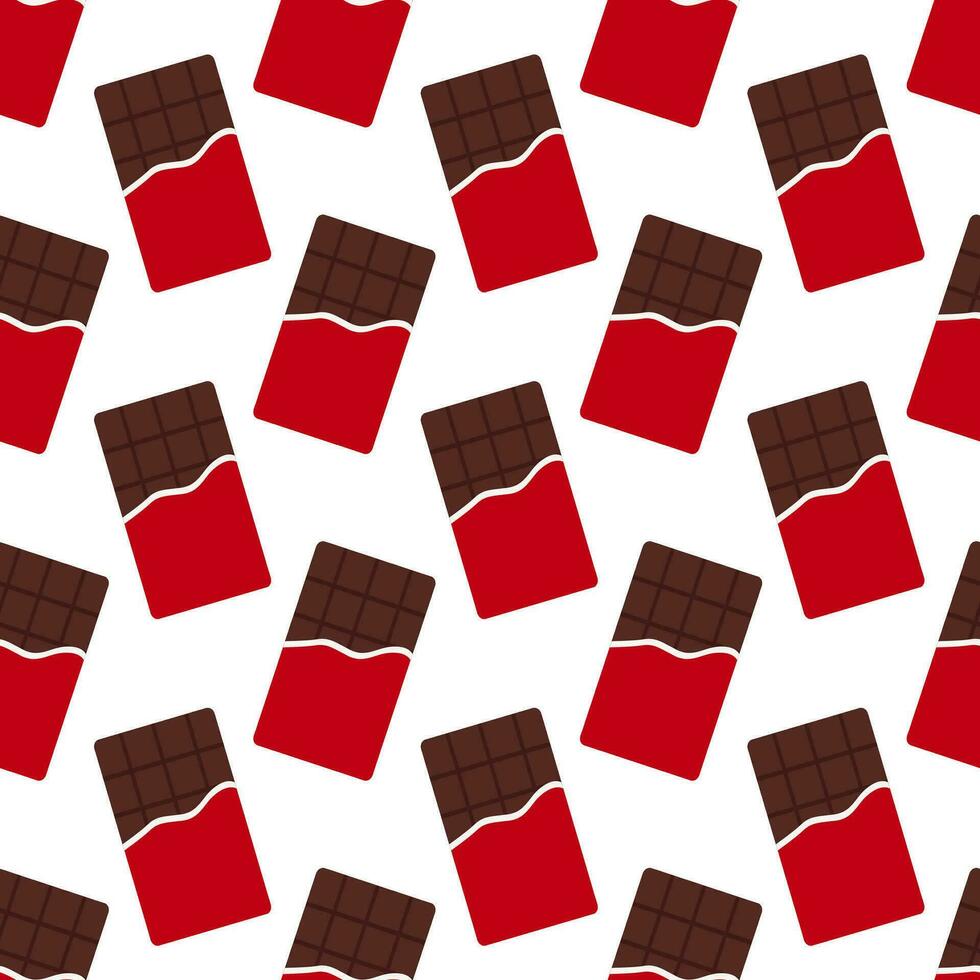 Seamless pattern with red packaging chocolate bars. Cartoon style. Vector flat background.