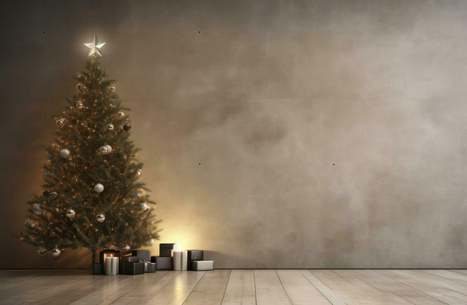 AI generated a christmas tree and a wall, in the style of soft, atmospheric lighting, polished concrete photo