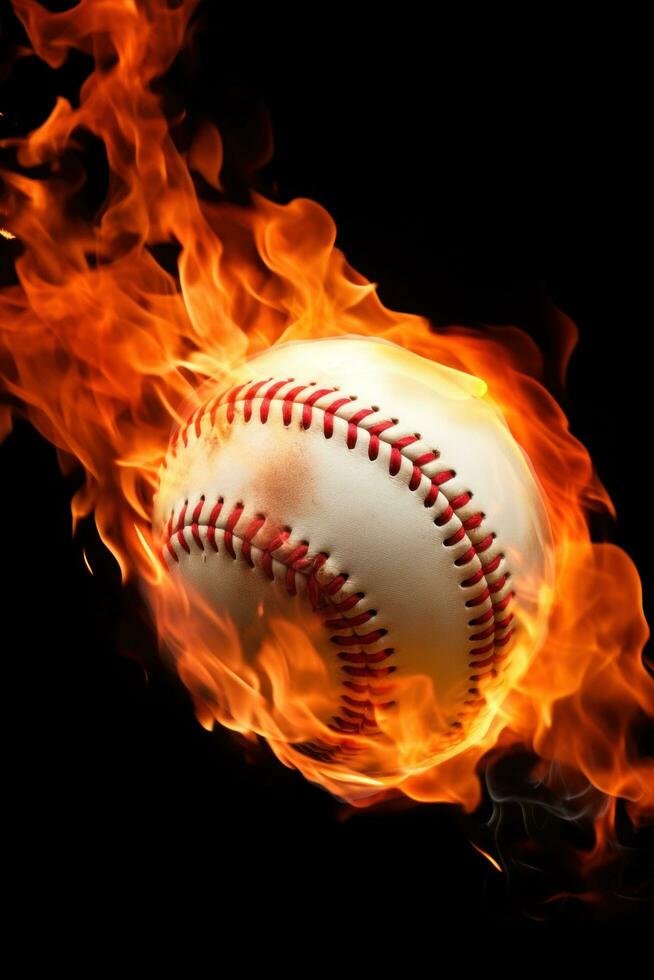 ai generado un llamativo imagen de un béisbol pelota en fuego foto