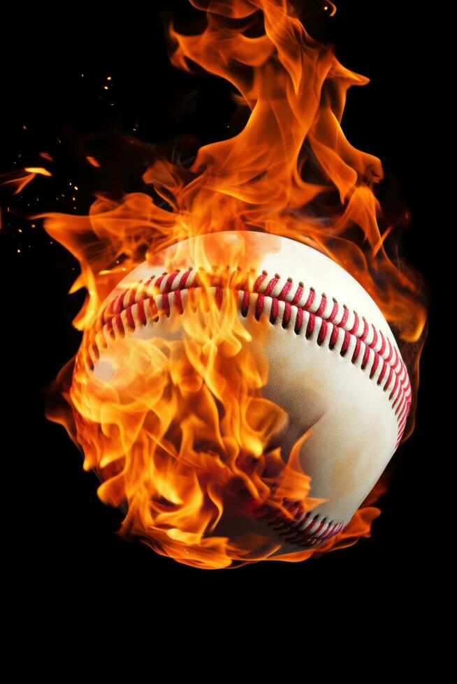 ai generado un llamativo imagen de un béisbol pelota en fuego foto