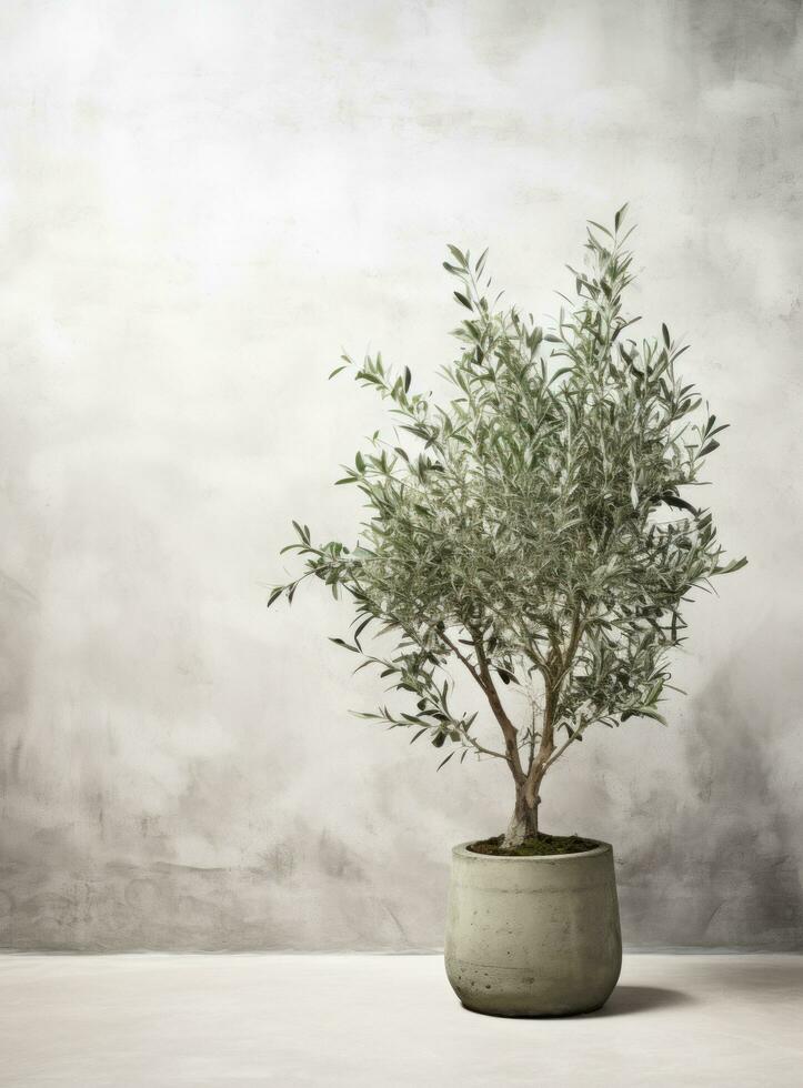 AI generated an olive tree in front of a white wall, photo