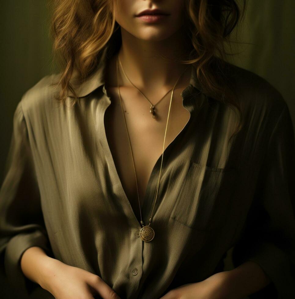 AI generated a woman wearing a gold necklace and blouse, photo