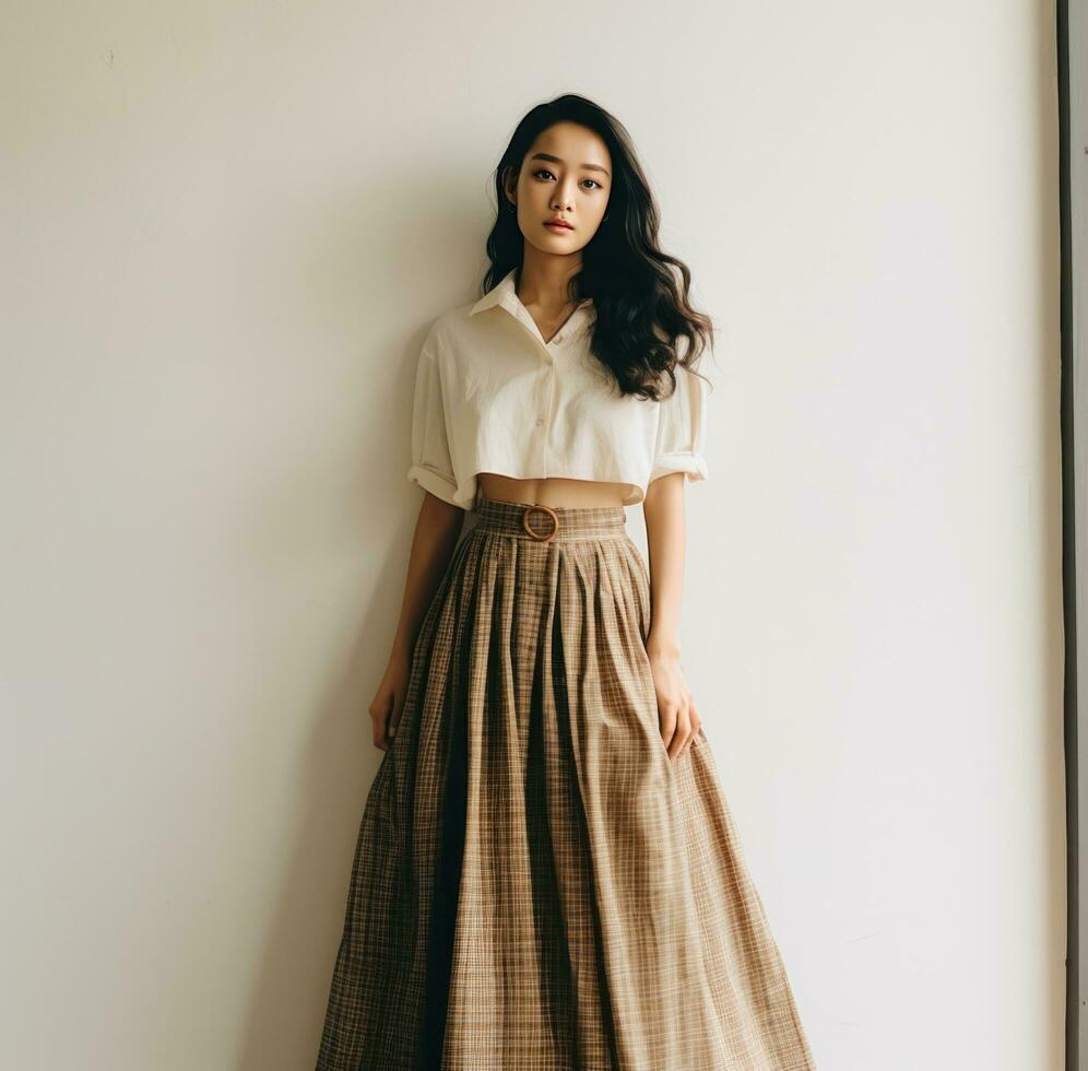 AI generated a women wearing a tan long skirt while standing on a wall photo