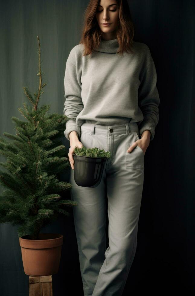 AI generated a woman is holding a pot with a christmas tree photo