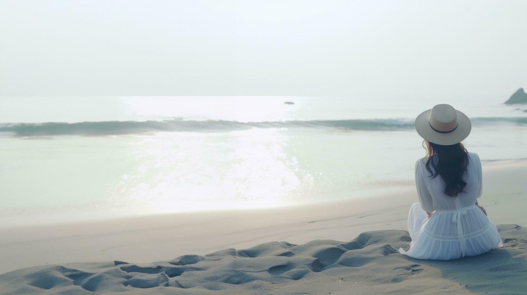 AI generated a woman in white in an ocean view hat sits on the beach photo