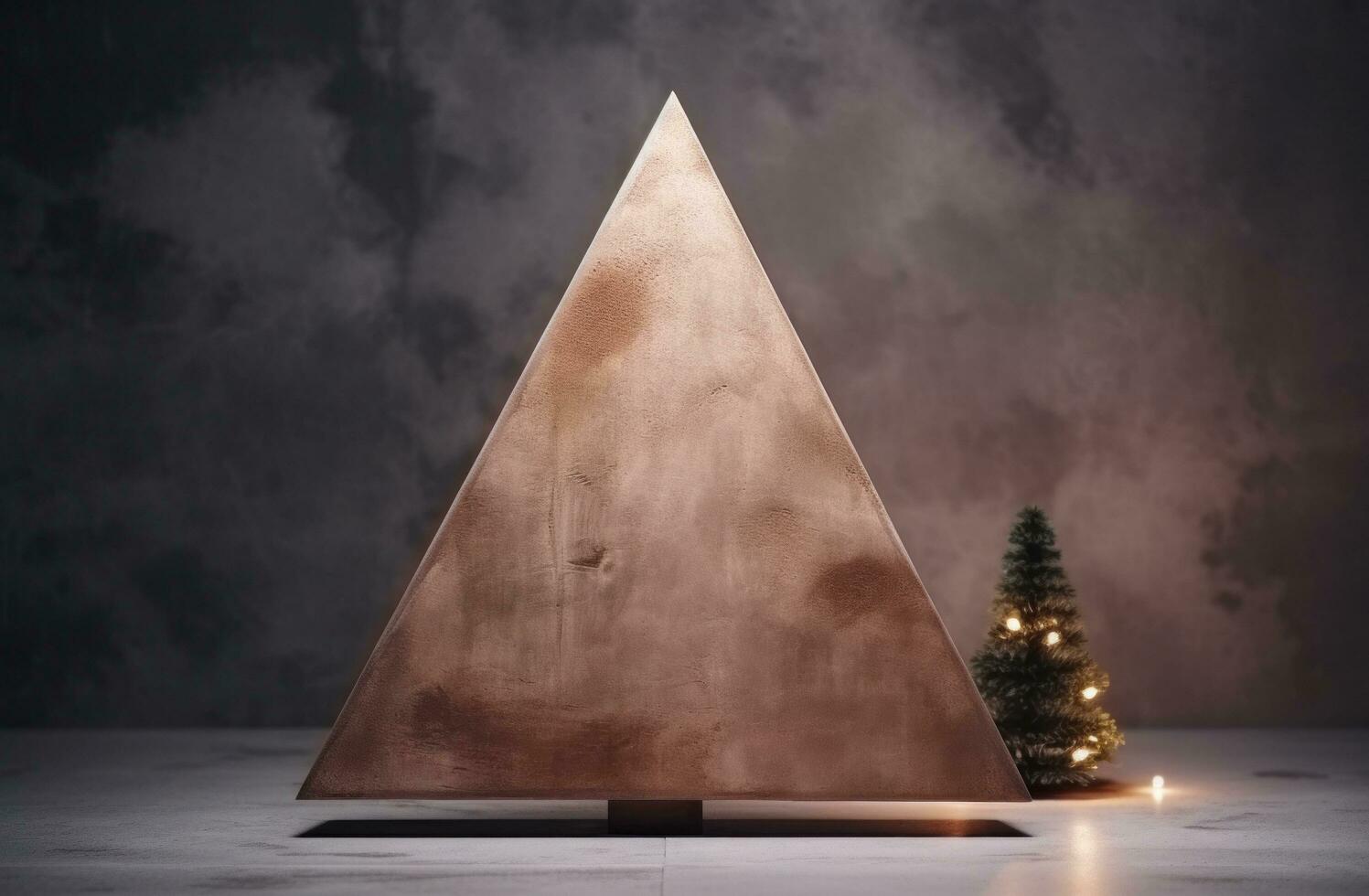 AI generated a wooden christmas tree in front of a cement backdrop photo