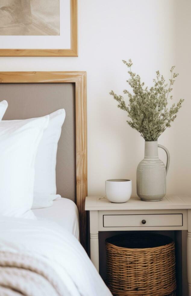 AI generated a wicker basket in a picture frame sitting down on bed, minimalist staging photo