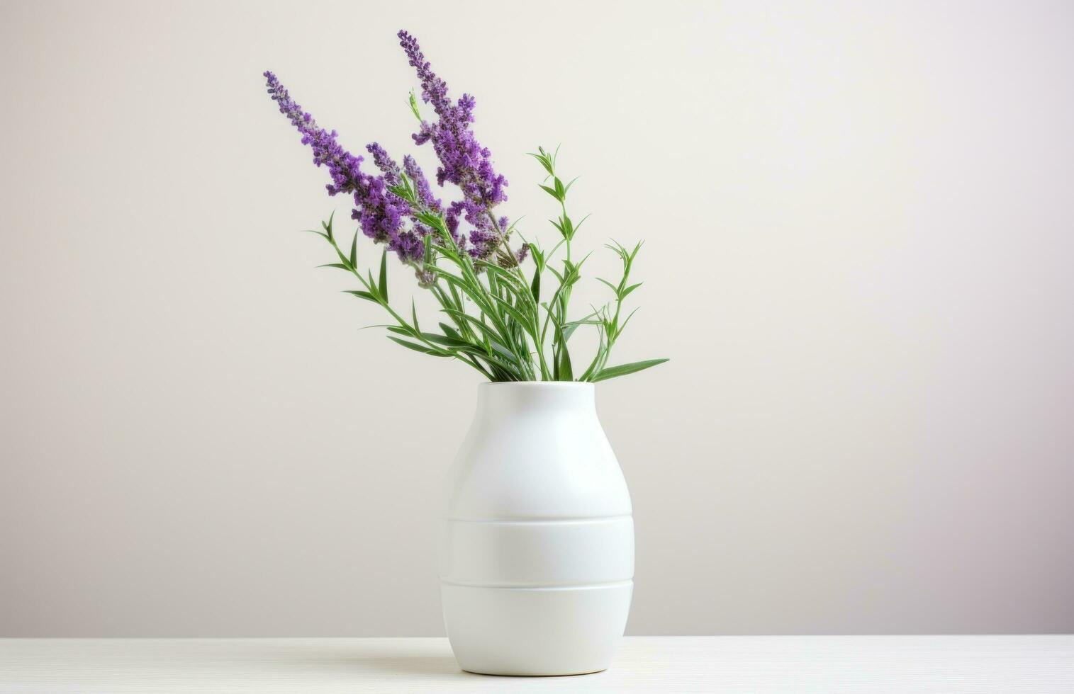 AI generated a white vase with lilas are sitting on top of a dresser table photo