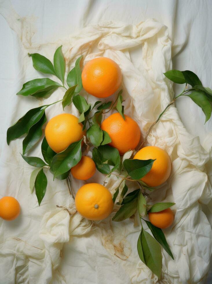 ai generado un blanco sábana con mandarinas en eso foto