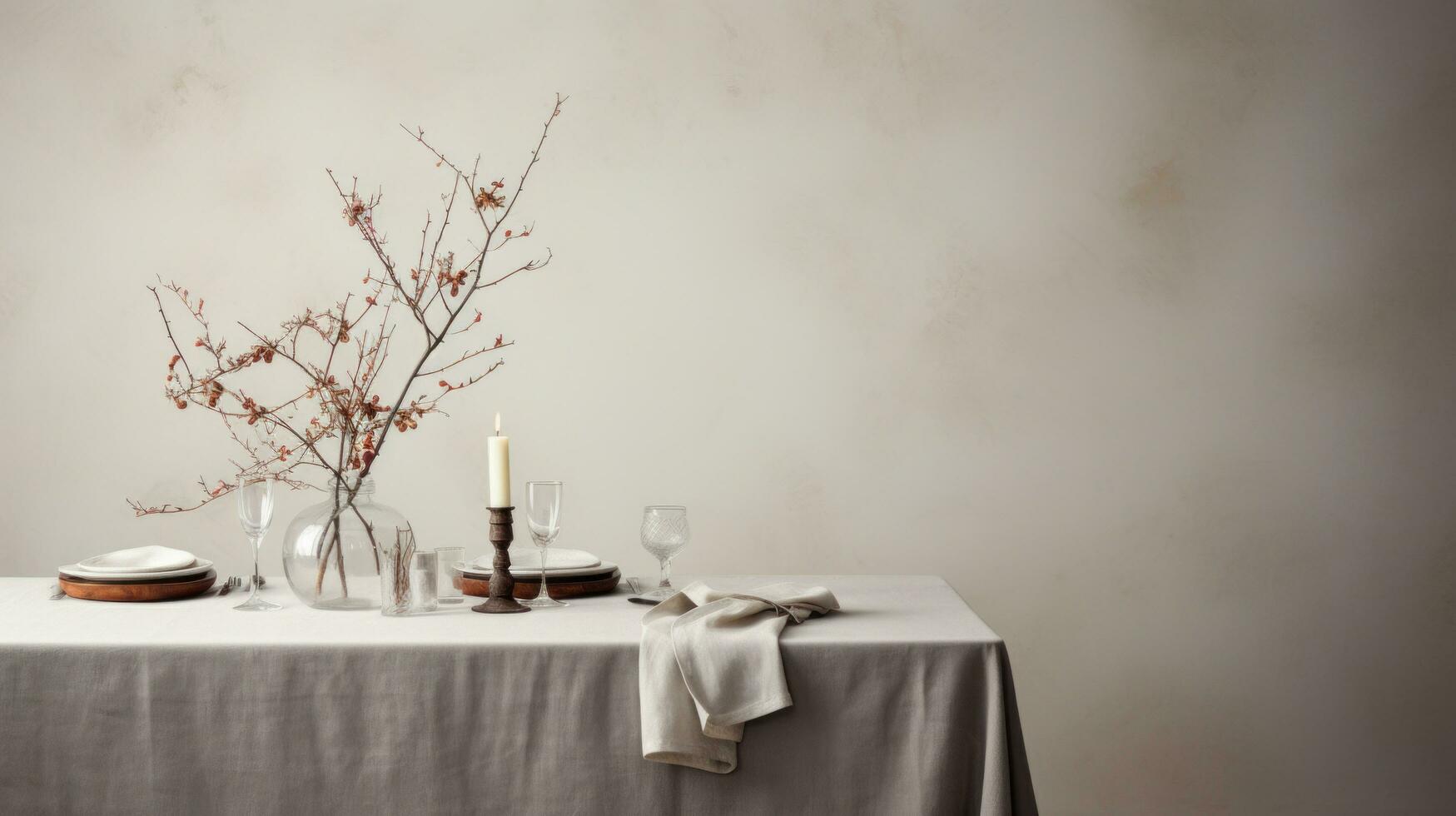 AI generated a white table setup in a dining room has a tablecloth photo