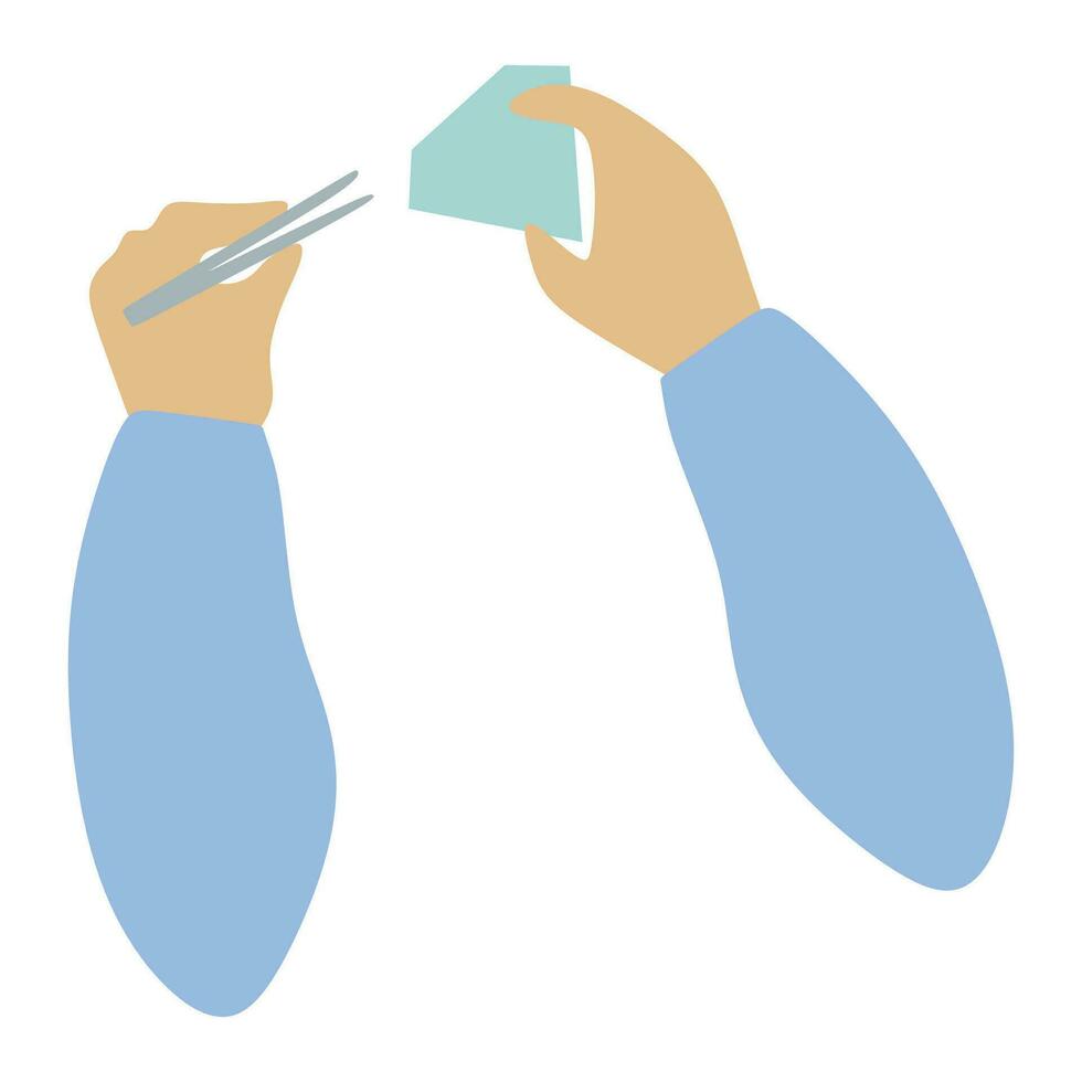 Flat jeweler hands Holding Tweezers and Big Brilliant gemstone. Cartoon Brilliant icon. Jeweler profession. Jeweler day card. Vector illustration isolated on white. Jewelry making concept.