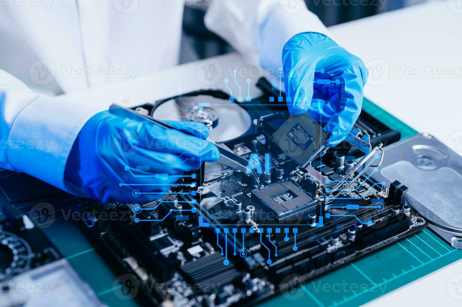 Ai chipset on circuit board in futuristic concept suitable for future technology artwork , Responsive web banner CPU photo