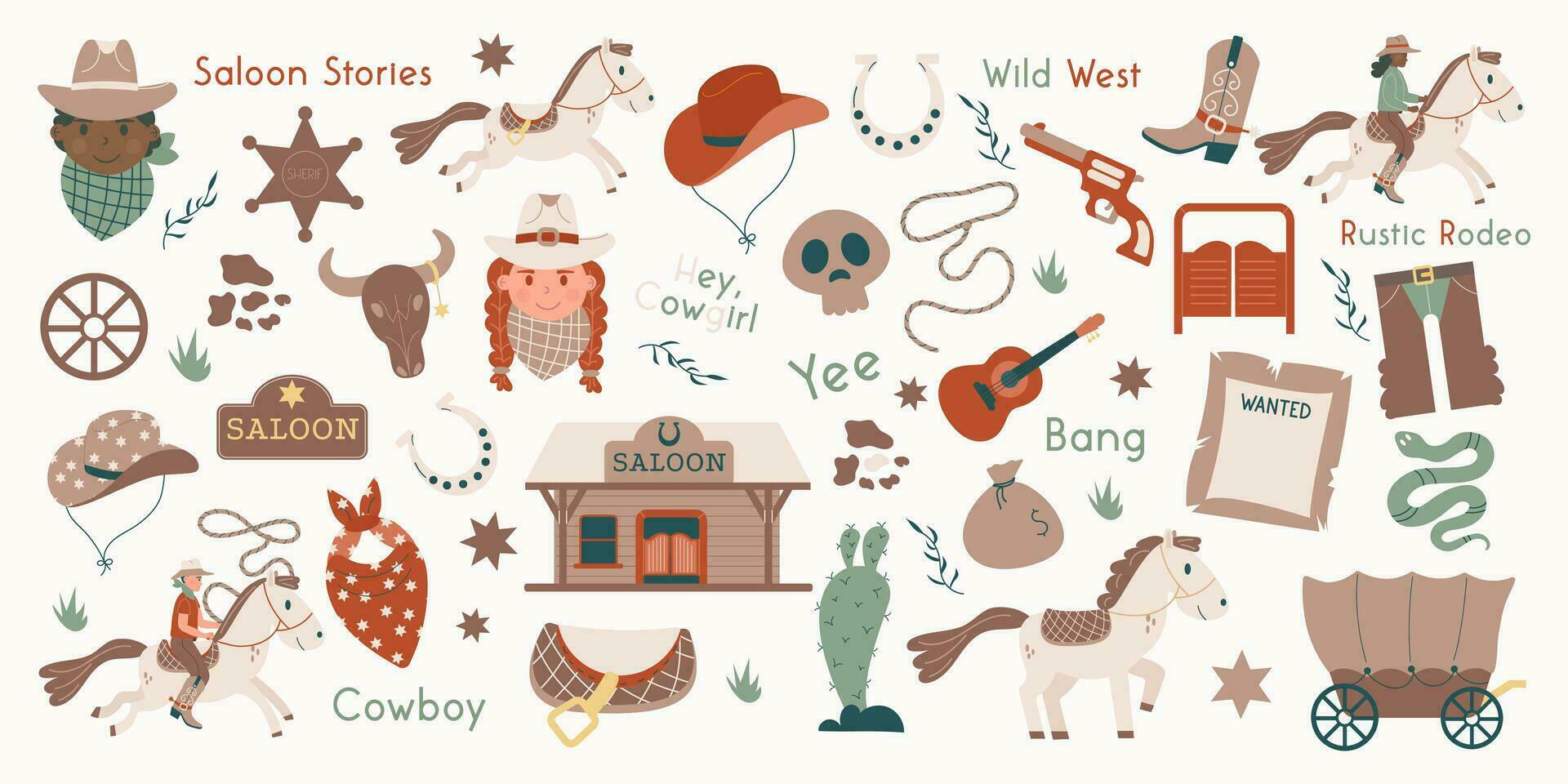 Wild west set. Western Flat design set with cowboy boots handgun saloon signboard cow skull cactus lasso vector