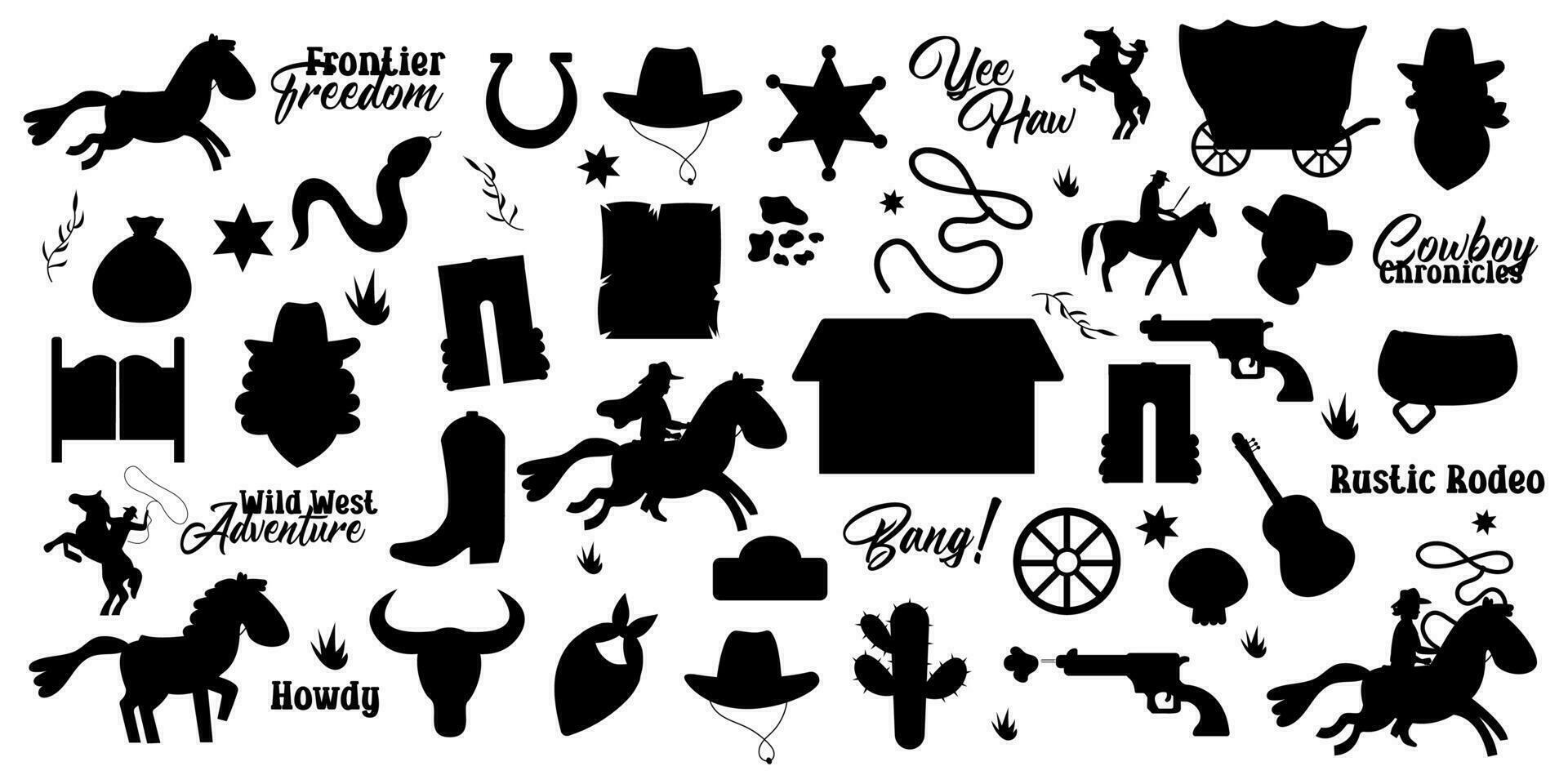 Wild west silhouette set. Western elements. Flat design set with cowboy boots handgun saloon signboard cow vector