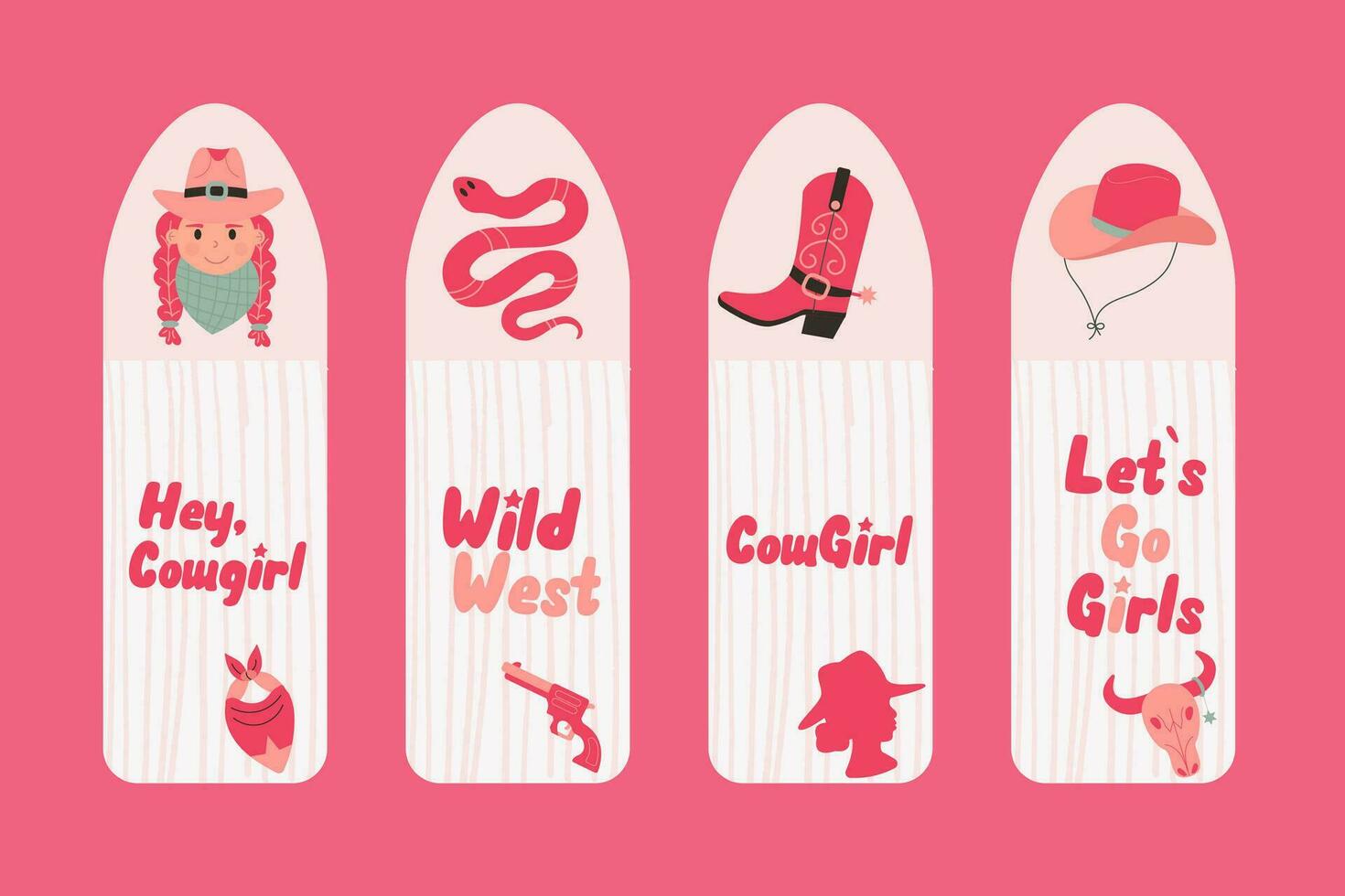 Wild west cowgirl style bookmarks, stickers with inscriptions vector