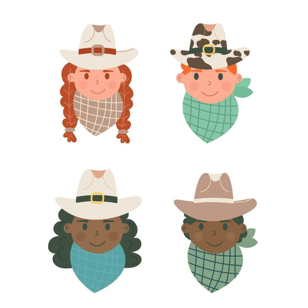 International cowboy and cowboy woman avatars, portrait vector