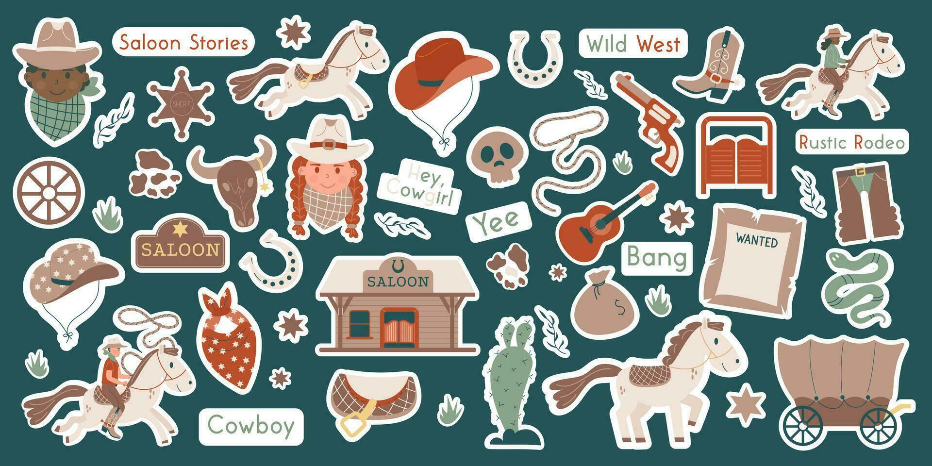 Wild west set stickers. Western elements. Flat design set with cowboy handgun vector