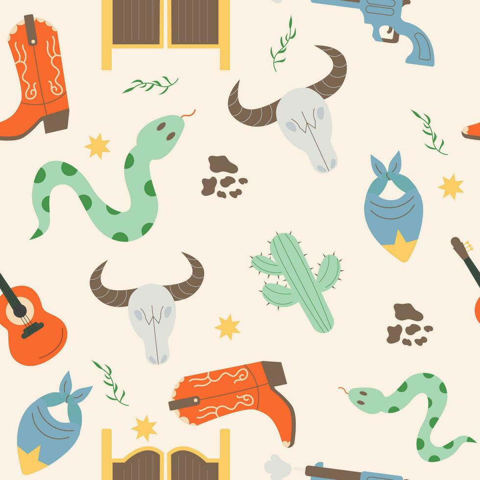 Wild west seamless pattern with snake, cactus, cow skull, boots vector