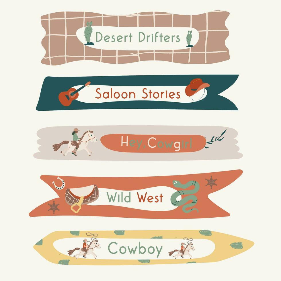 Wild west bookmarks, stickers with lettering vector