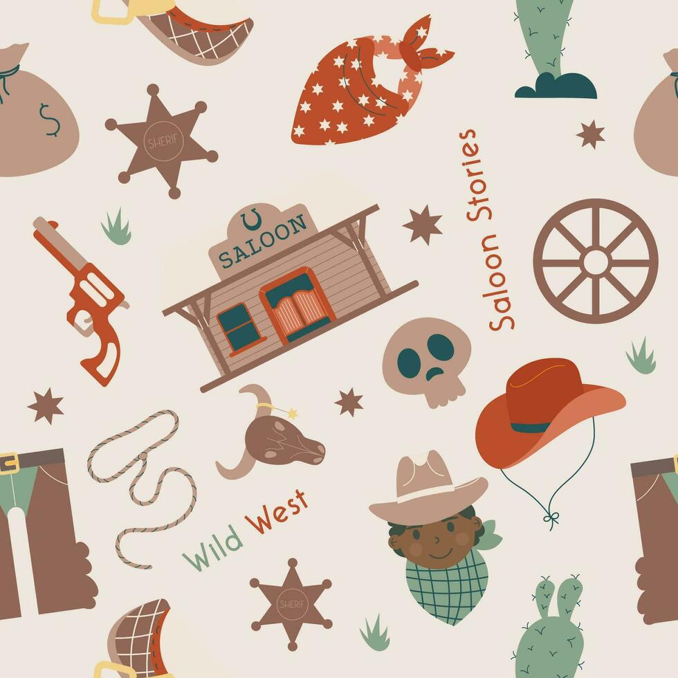 Wild west seamless pattern with cowboy, saloon vector