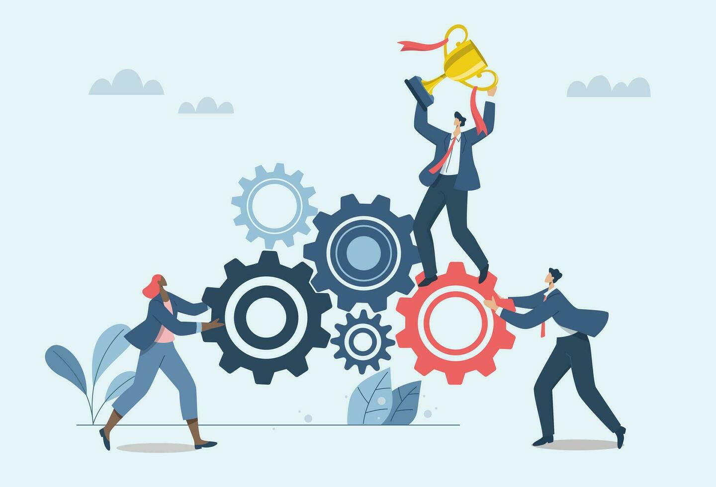 The connection of business mechanisms to drive success, Business collaboration is an efficient work process in an organization or company, Business team work together to drive the cogwheel to winner. vector