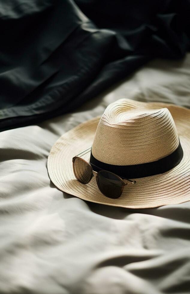 ai generado un Paja sombrero, Gafas de sol y un Paja Cubeta sombrero acostado en un blanco frazada, foto