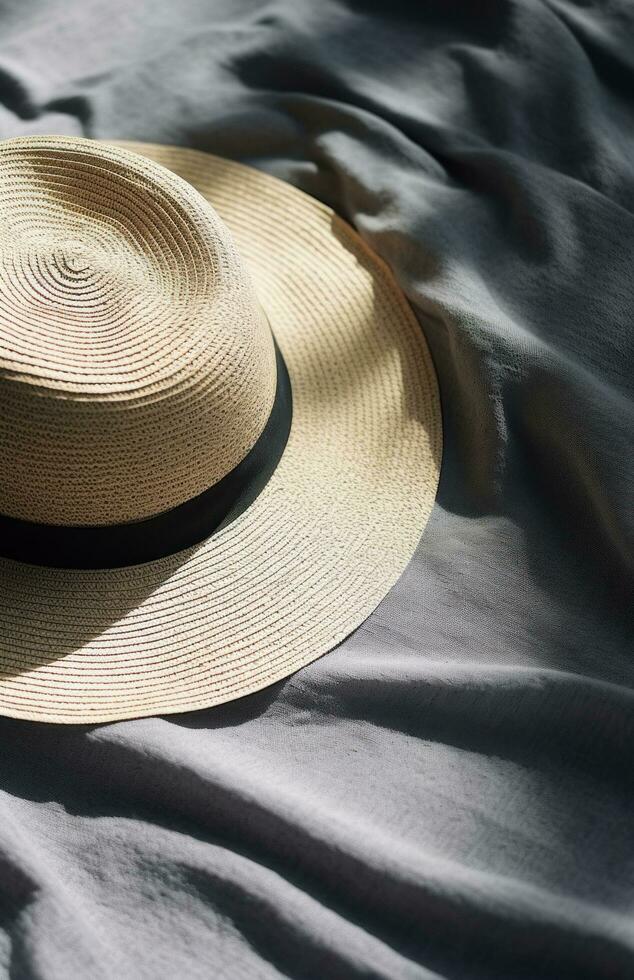 ai generado un Paja sombrero, Gafas de sol y un Paja Cubeta sombrero acostado en un blanco frazada, foto
