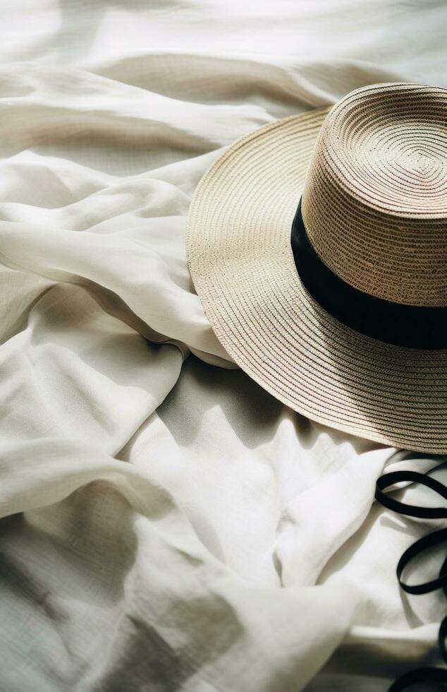 ai generado un Paja sombrero, Gafas de sol y un Paja Cubeta sombrero acostado en un blanco frazada, foto