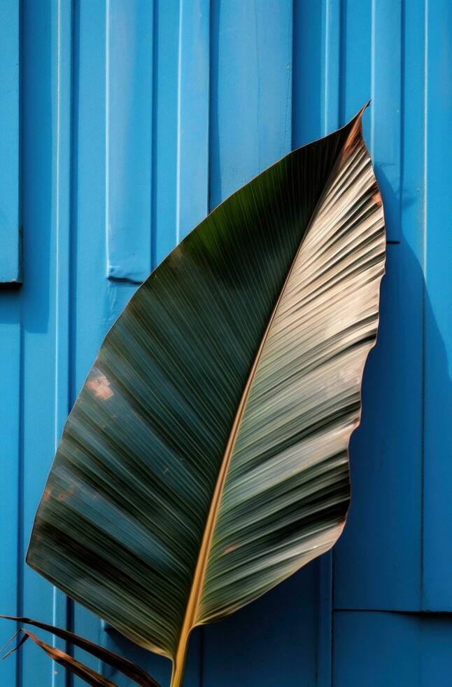 AI generated a palm leaf is on a wall close to a fenced in yard with a blue gate photo