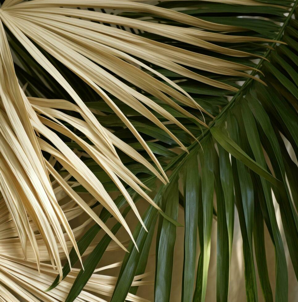 ai generado palma hojas con verde hojas, Respetuoso del medio ambiente artesanía, combinatorio natural foto