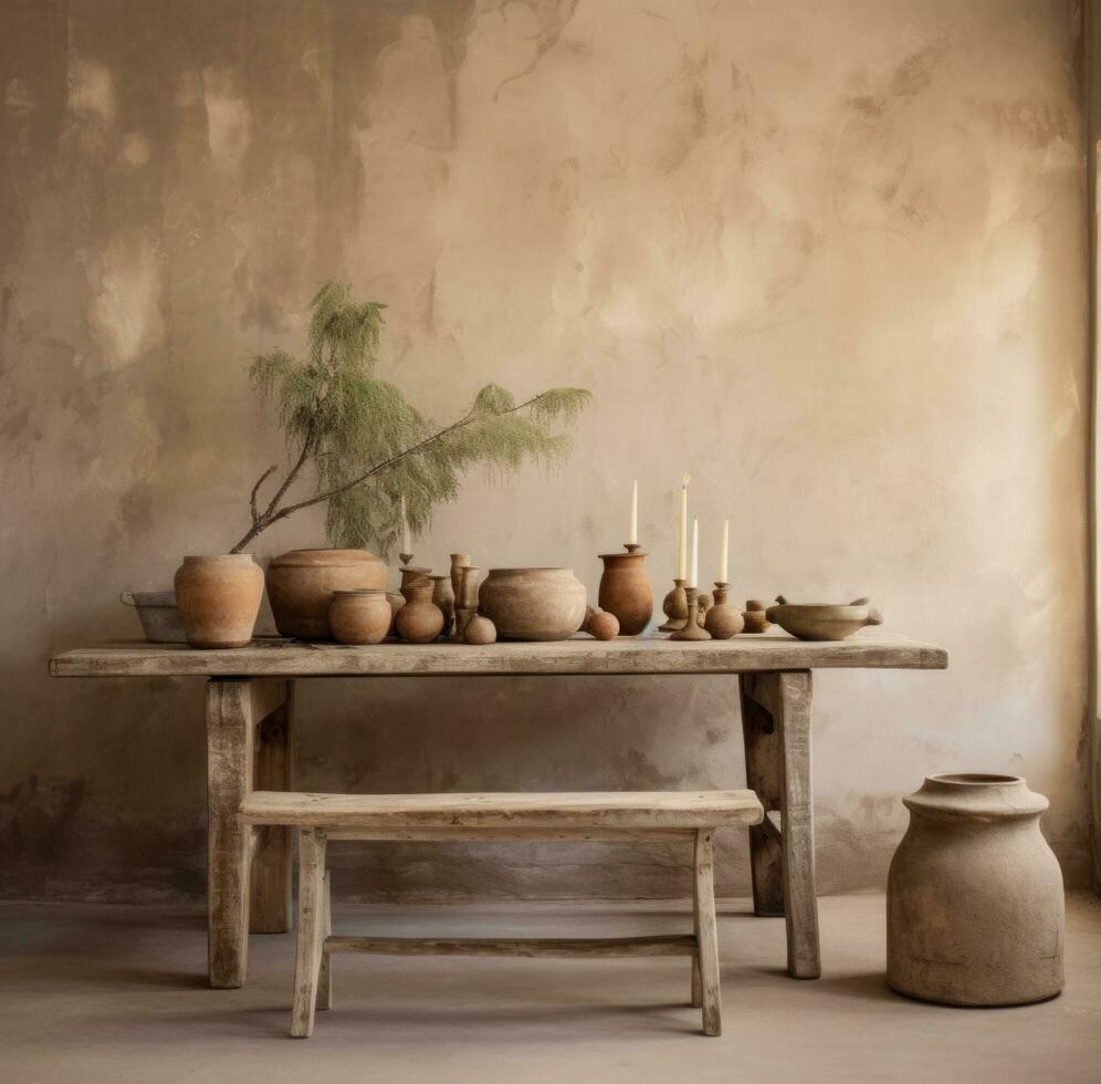 ai generado un rústico comida mesa con Tres pequeño taburetes y algunos jardineras, foto